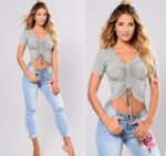 Blue Low Waist Pencil Ripped Embroidery Jeans Woman Stretch Skinny  Vintage Denim Pants