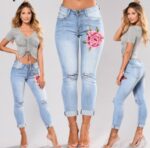 Blue Low Waist Pencil Ripped Embroidery Jeans Woman Stretch Skinny  Vintage Denim Pants
