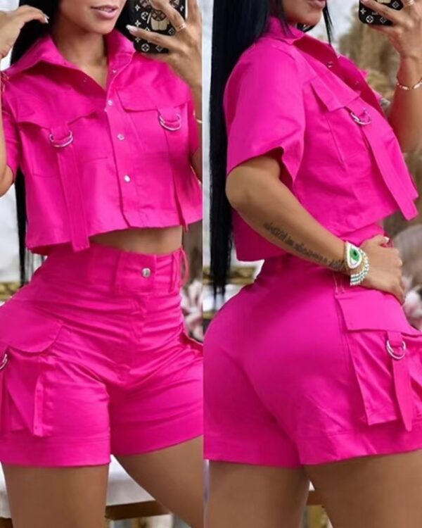 Solid Color Bellows Pocket Pocket Design Overall Suit / TOP & DOWN