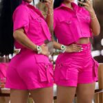 Solid Color Bellows Pocket Pocket Design Overall Suit / TOP & DOWN